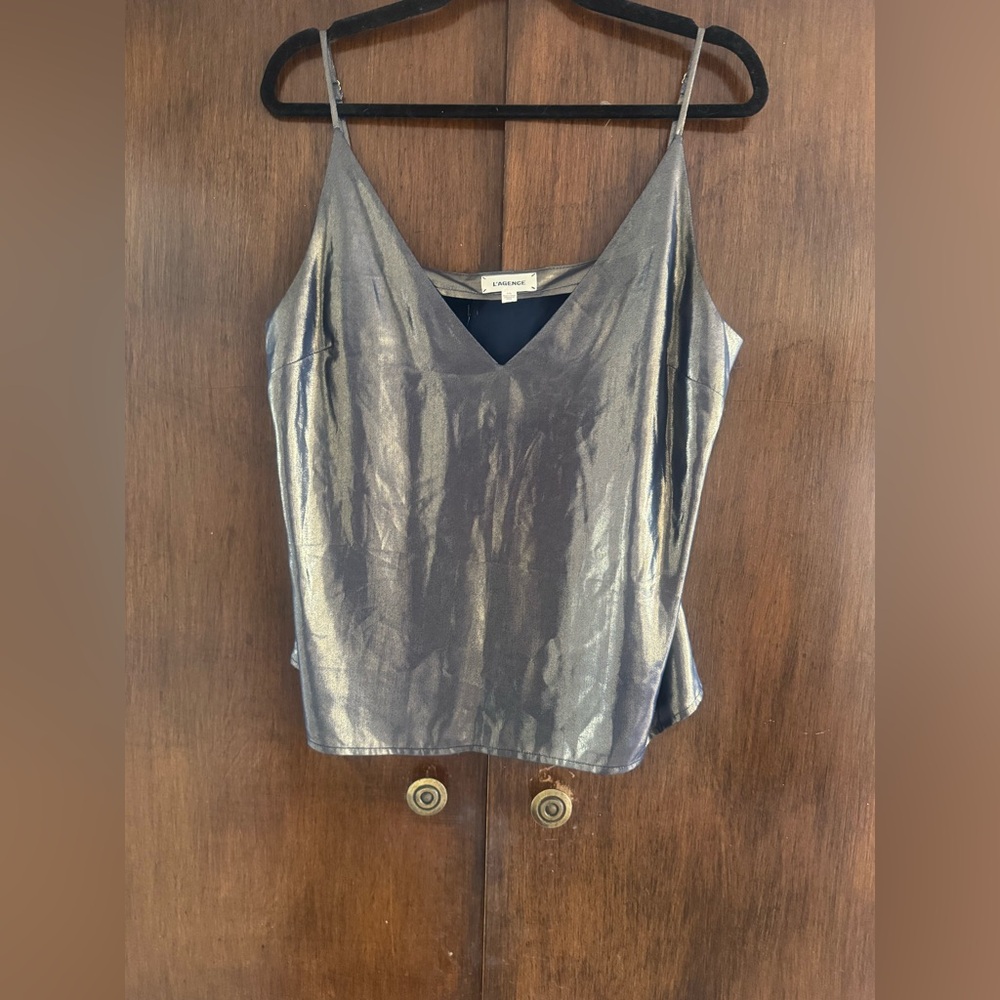 L'AGENCE Gabriella camisole in metallic silver/gold v-neck adjustable straps